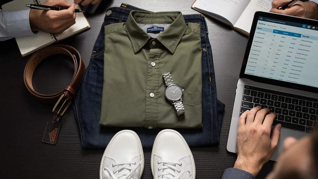 A date night outfit flat lay with a casual shirt, jeans, and accessories.