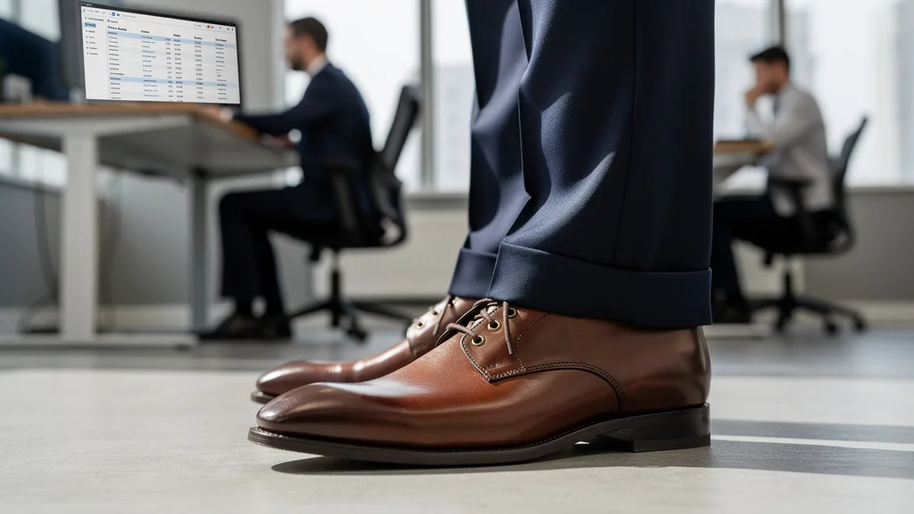 Click to manage / replace image Detail of a slight break on navy formal trousers resting perfectly on brown oxford shoes.