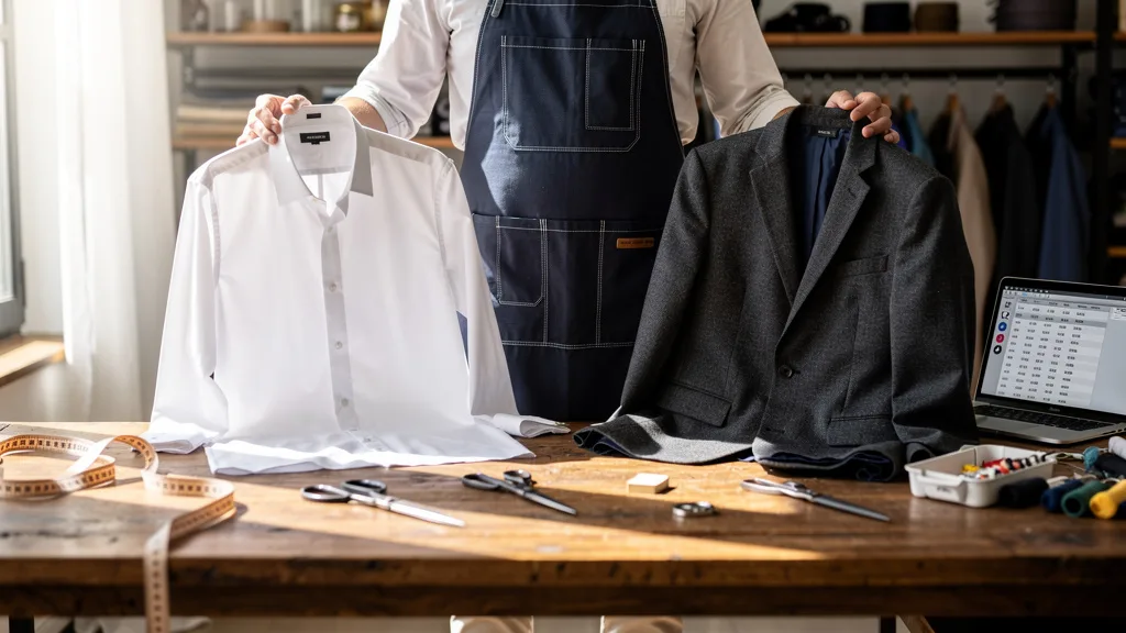 Click to manage / replace image Comparison of three dress shirt fabrics: smooth white poplin, textured blue Oxford cloth, and diagonal-patterned white twill.