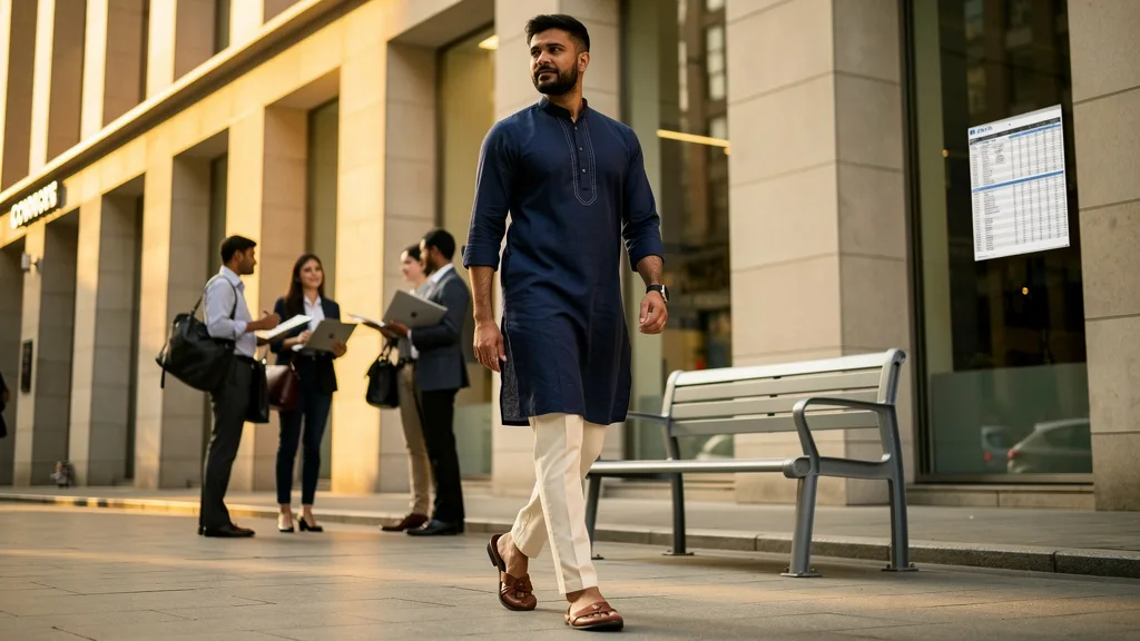 Click to manage / replace image A man confidently wearing a modern navy blue Pathani kurta in an urban setting in 2026.