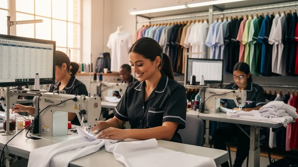 Click to manage / replace image Apparel workers operating sewing machines in a bright and ethical factory setting.