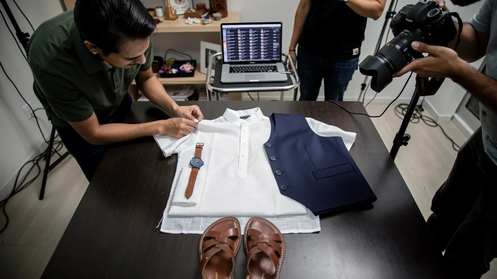 Click to manage / replace image A flat lay of a complete white kurta pajama outfit with a navy waistcoat and accessories.