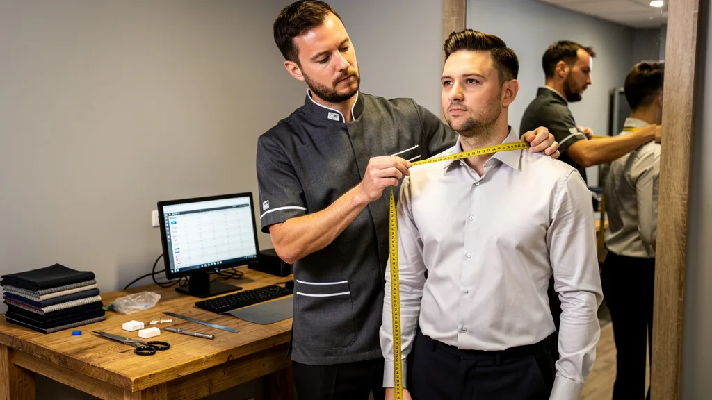 Tailor measuring a client for a perfectly fitted jacket, emphasizing the importance of fit.