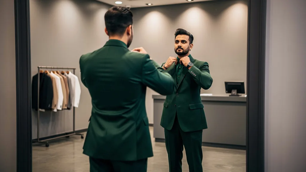 A man confidently adjusting the collar of his dark green Pathani suit in a mirror.