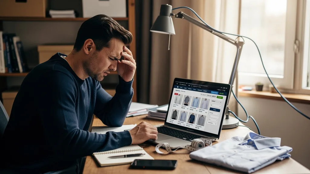 Click to manage / replace image A frustrated online shopper encountering red flags like poor website design and lack of detail.
