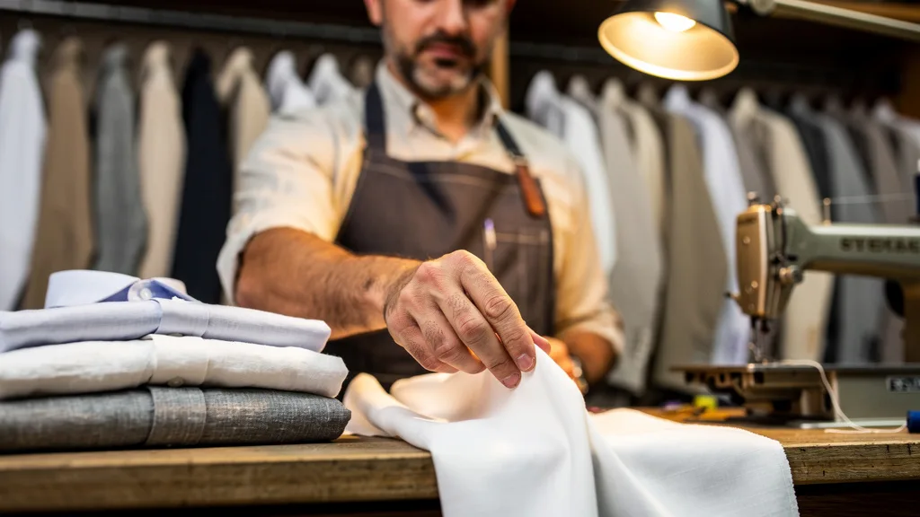 Click to manage / replace image A hand feeling the textures of different shirt fabrics like cotton and linen.