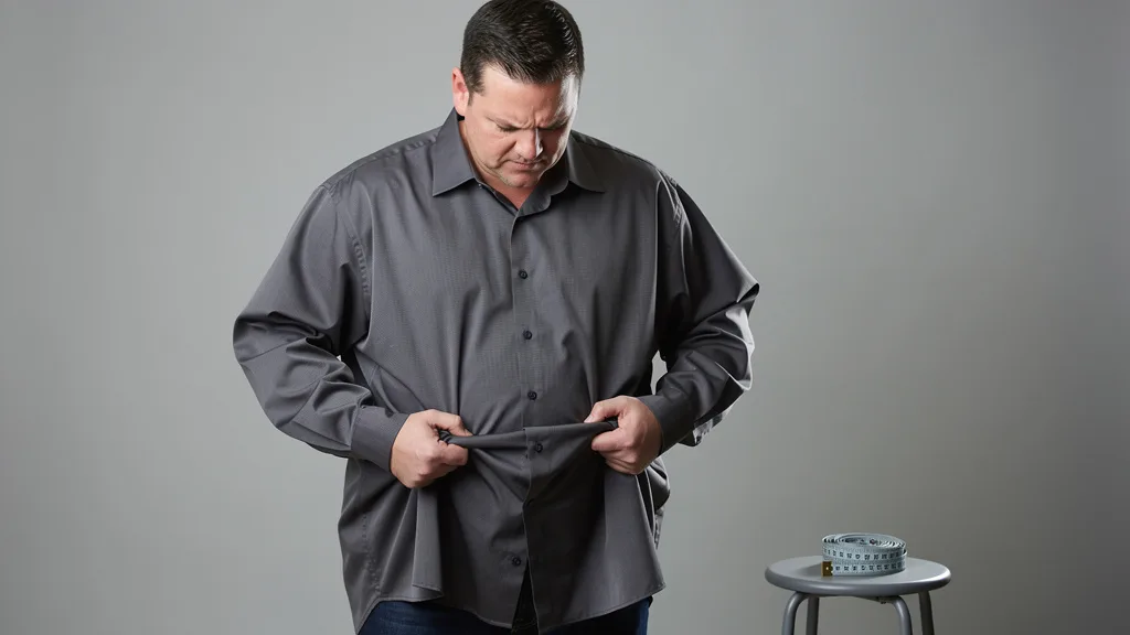 Click to manage / replace image A person wearing an overly baggy shirt that is too loose around the midsection.