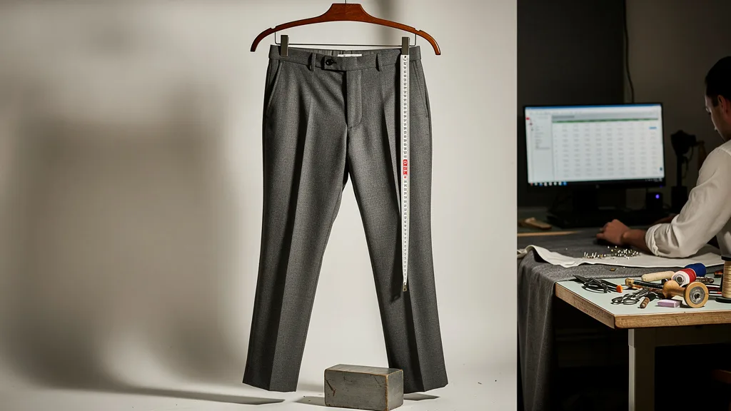 A pair of classic grey wool trousers with a distinct, sharp center crease.