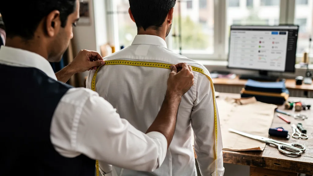Measuring the shoulder width from point to point for a custom-fit kurta.