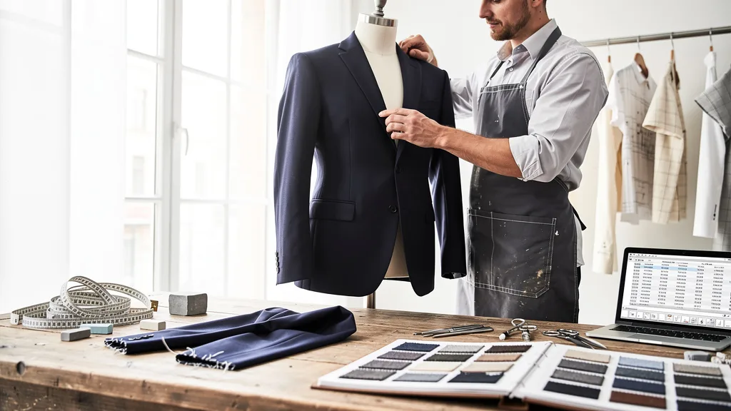 Click to manage / replace image A customer checking the price tag and quality of a premium suit in a luxury store.