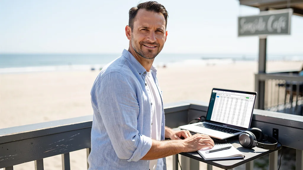 Man comfortably wearing a light blue linen shirt in a sunny, breezy outdoor setting, showcasing its ideal use.
