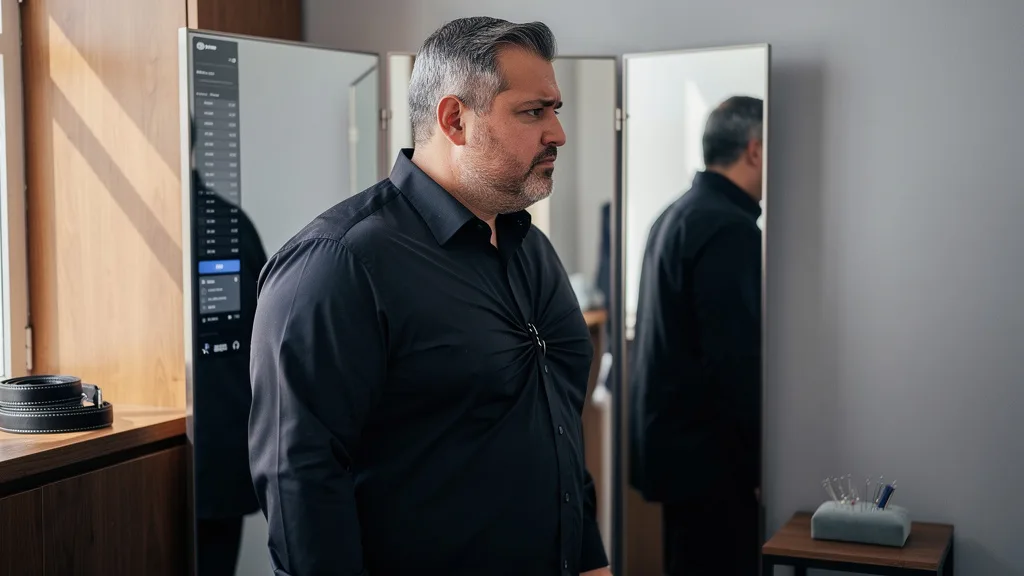 A shirt pulling tightly across the chest and shoulders, indicating a poor fit.