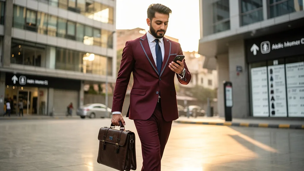 Man wearing a stylish burgundy suit in an urban Pakistani setting.