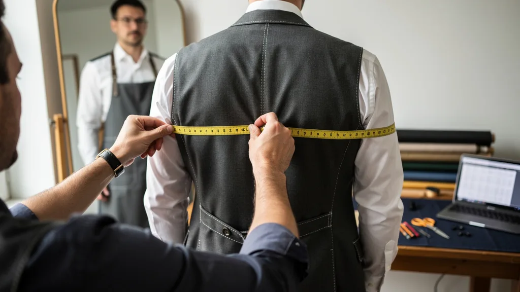 A person measuring the shoulder width of a man from seam to seam across the back.