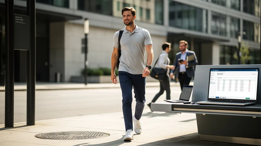 Click to manage / replace image A man wearing stylish navy chinos and a polo shirt on a city street.