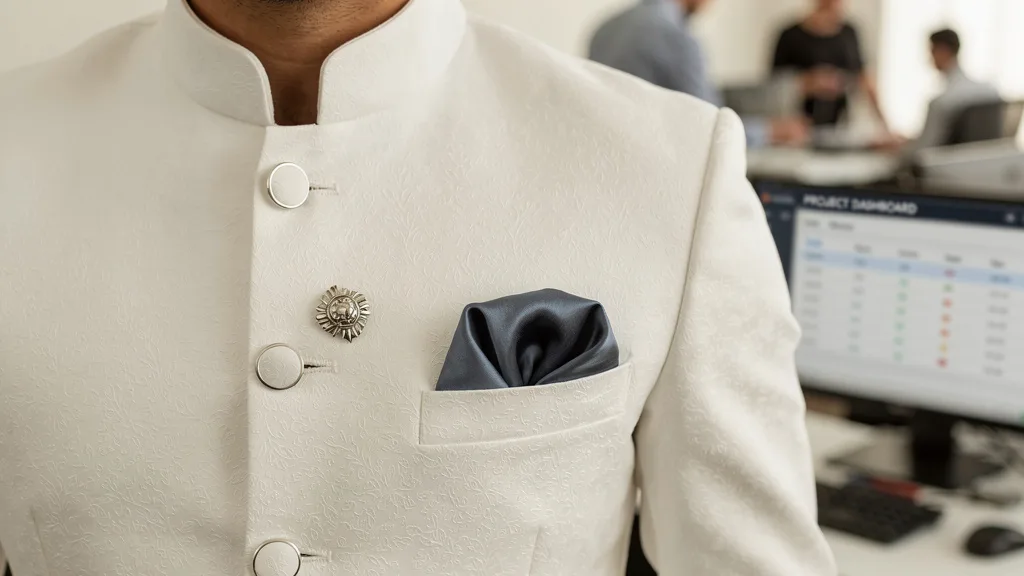 Click to manage / replace image A close-up of a silver brooch and a pocket square accessorizing a white kurta and jacket.