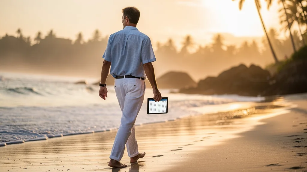 Click to manage / replace image A man in white linen trousers enjoying a walk on a beach at sunset.