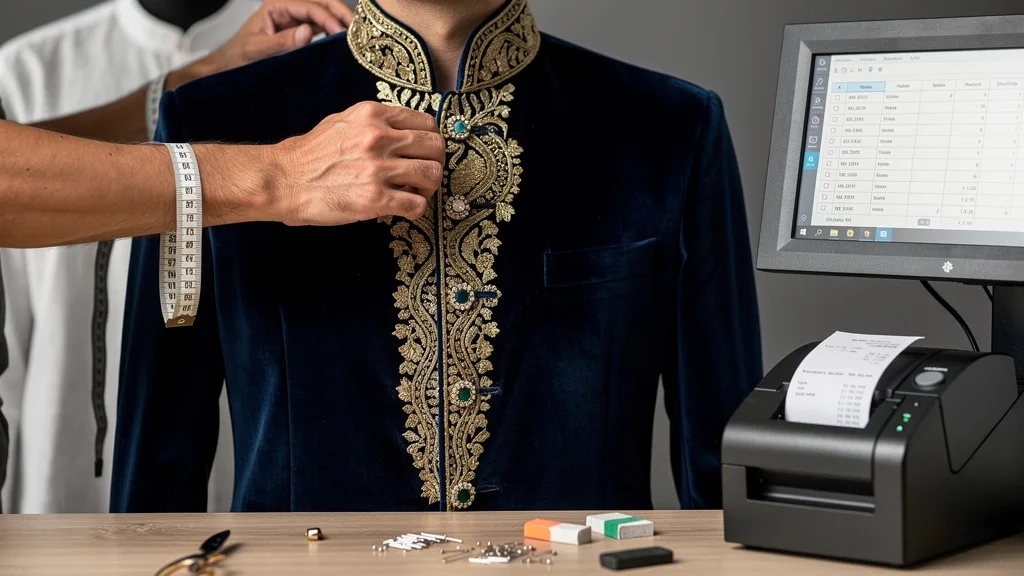 Close up detail on a formal sherwani, showing the difference from a kurta.