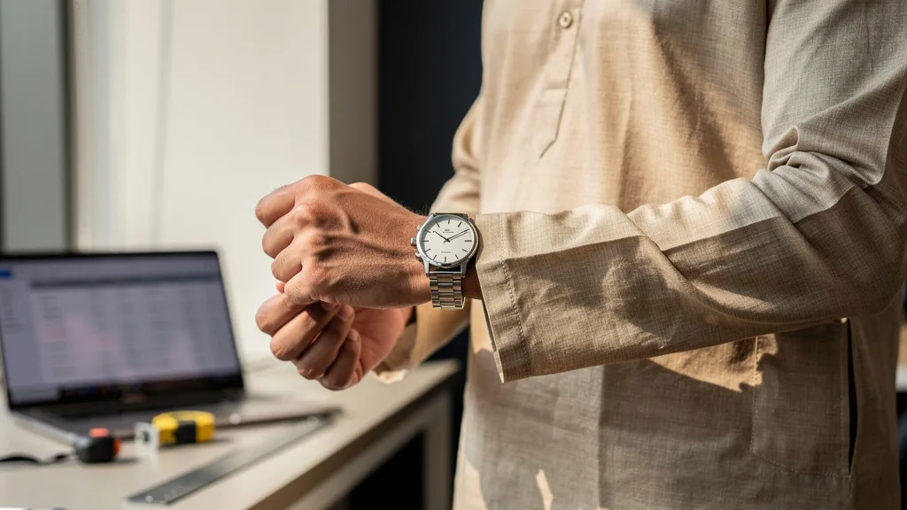 Click to manage / replace image Close-up on a man accessorizing his beige Pathani kurta with a classic watch.