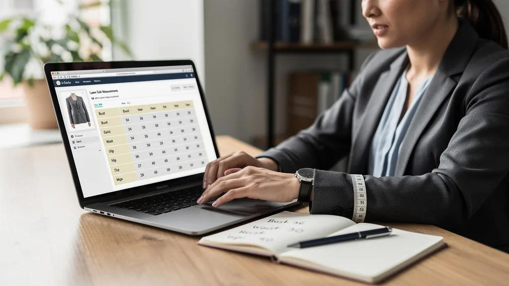 A woman checking a detailed online size chart before purchasing a lawn suit.