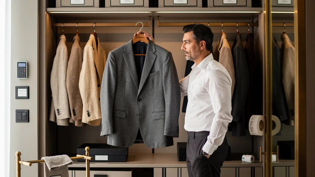 Click to manage / replace image A well-organized closet with a versatile grey wool suit at the center, ready for any season.
