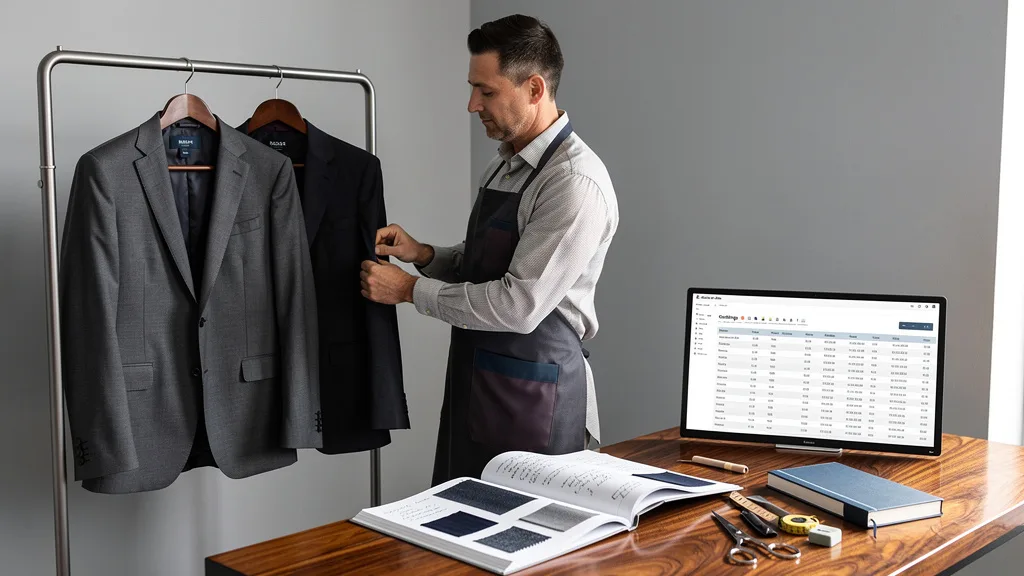 Click to manage / replace image A tailor working on a slim-fit Hugo Boss suit jacket in a minimalist workshop.