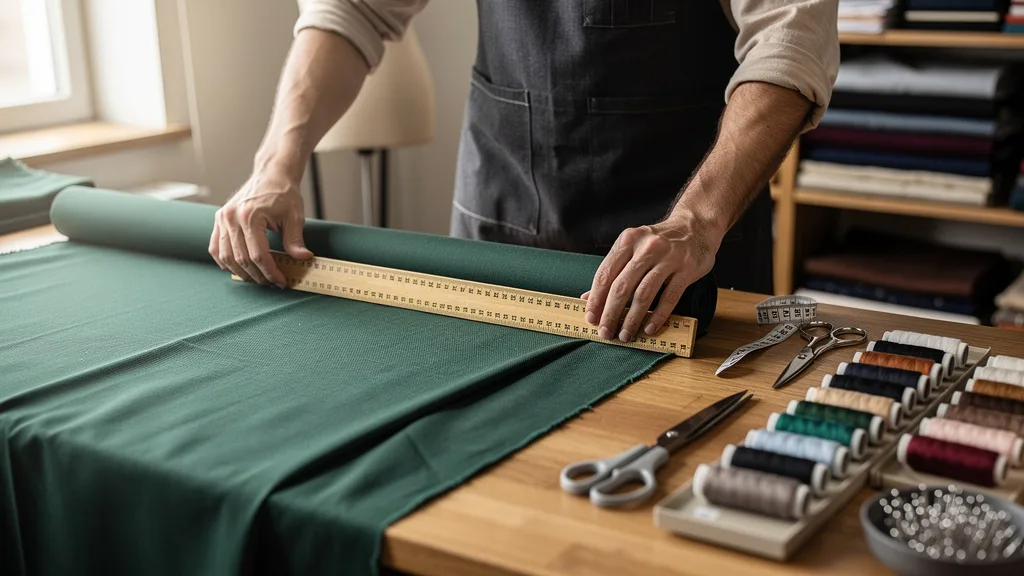 A tailor measuring a length of green fabric on a cutting table with a yardstick.
