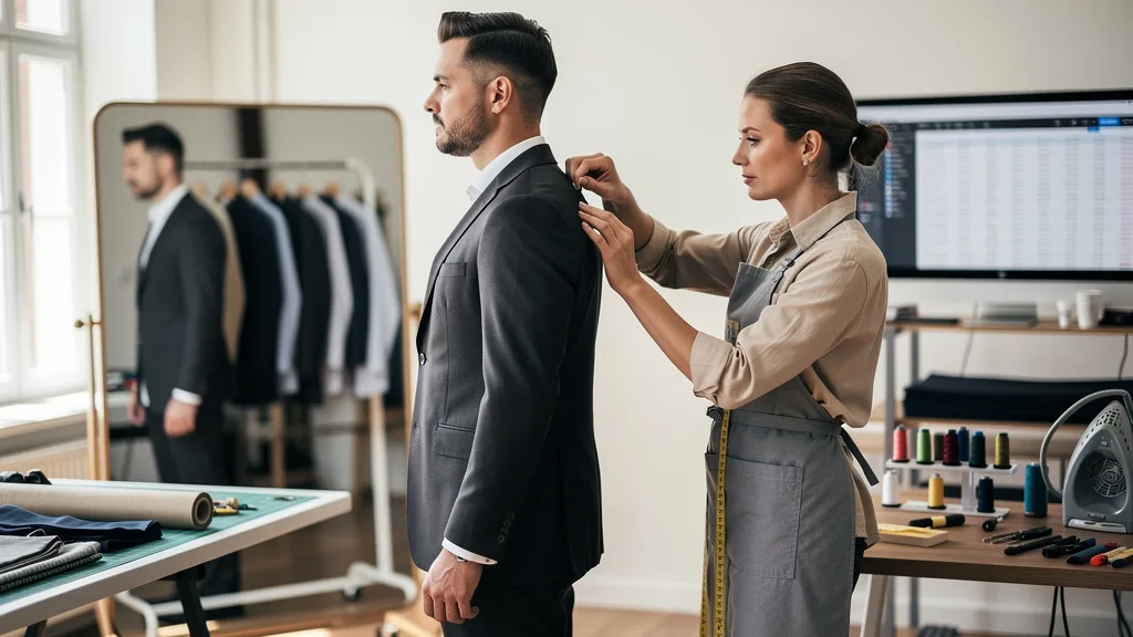 Click to manage / replace image A side profile view showing the correct length of a suit jacket and sleeves.