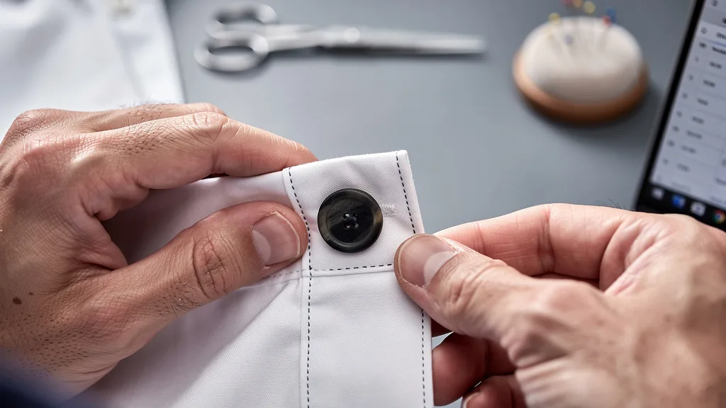 Click to manage / replace image Close-up view of the fine stitching and a quality button on a premium men