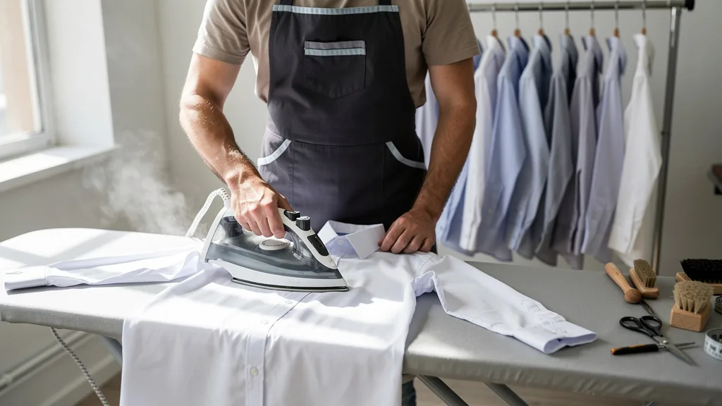A person carefully ironing a poplin shirt to get a smooth, crisp finish.