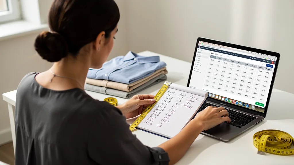 A person comparing their body measurements to an online shirt size chart on a laptop.