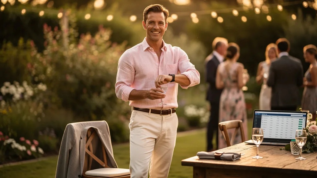 Click to manage / replace image Man dressed for a summer wedding in a light-colored linen shirt and chinos.