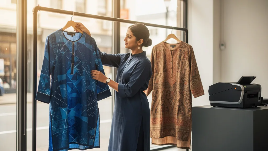 A side-by-side comparison of a modern Sapphire tunic and a traditional Khaadi kurta.