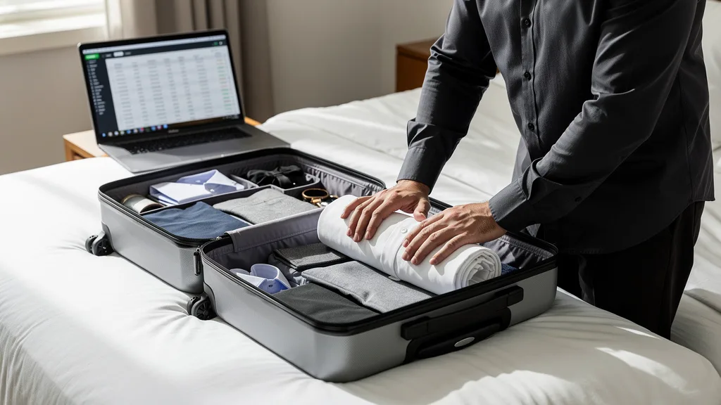 Click to manage / replace image A person carefully rolling a formal shirt to pack it in a suitcase and prevent wrinkles.