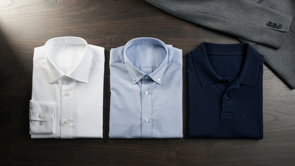 Click to manage / replace image A flat lay comparing different shirt collar types suitable for wearing under a blazer.
