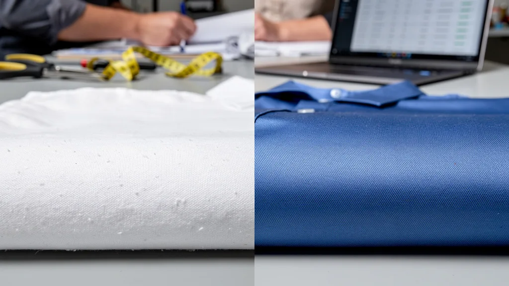 A side-by-side comparison of the texture of white cotton and blue polyester fabric.