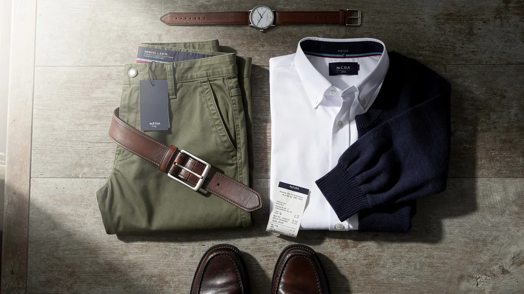 An outfit layout with olive green chinos, a white oxford shirt, and a navy sweater.