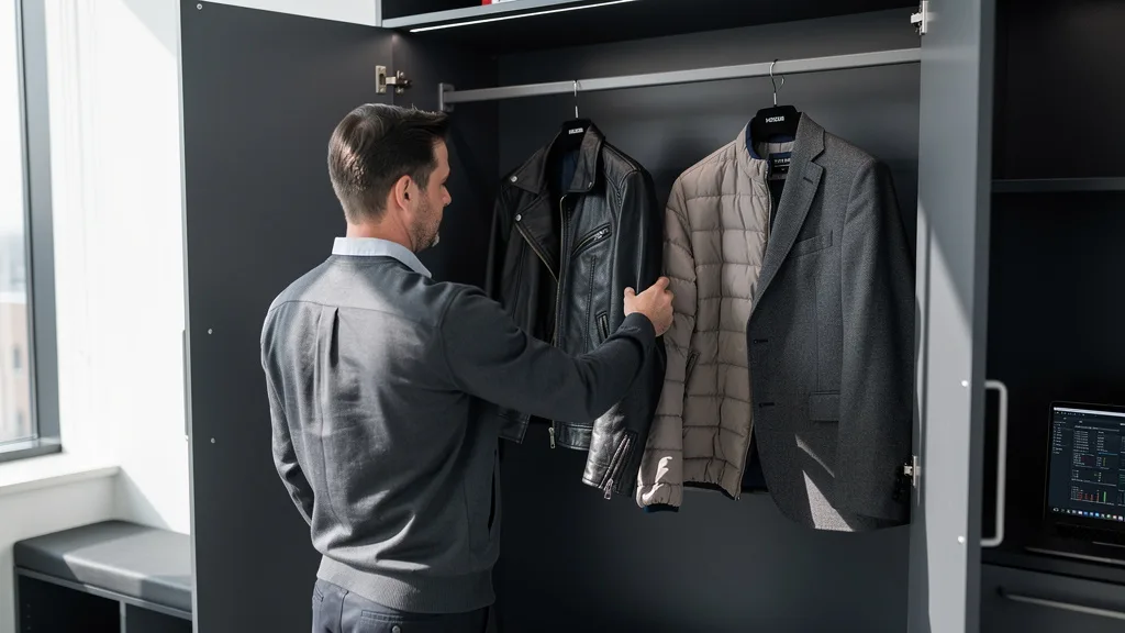 A man choosing from a selection of versatile outerwear including a leather jacket and blazer.