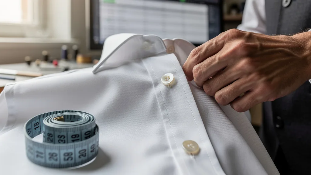 A close-up view of the fine stitching and mother-of-pearl buttons on a high-quality shirt.
