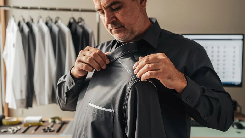 A close-up view of the fine stitching on the shoulder and collar of a premium shirt.