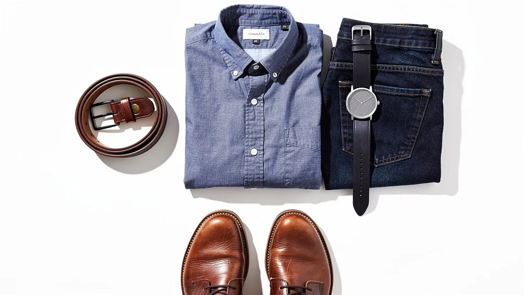 Click to manage / replace image A flat lay of a chambray shirt, jeans, and accessories for a smart casual outfit.