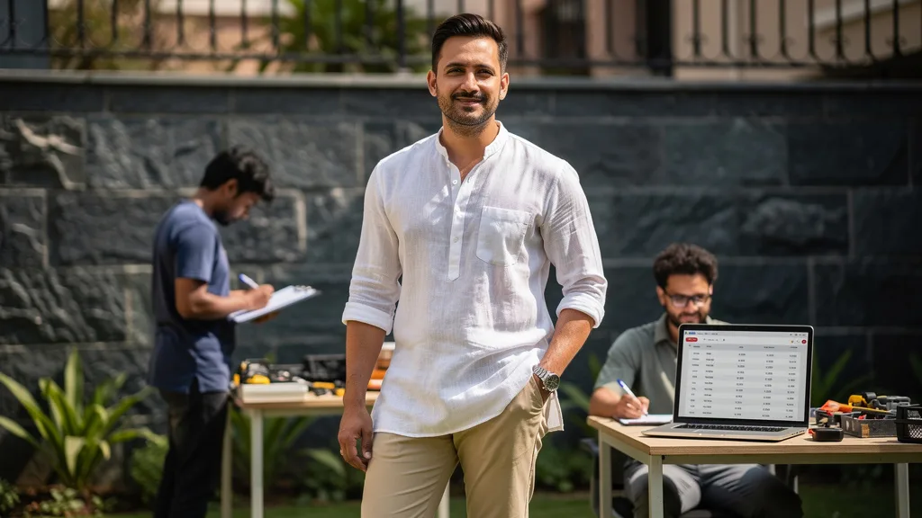 Click to manage / replace image A man demonstrating a modern fusion look by pairing a white kurta with beige chinos.