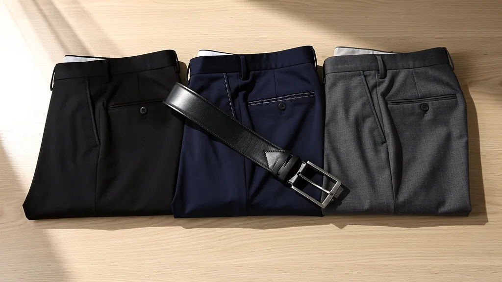 Click to manage / replace image A versatile wardrobe foundation of black, navy, and charcoal formal trousers.