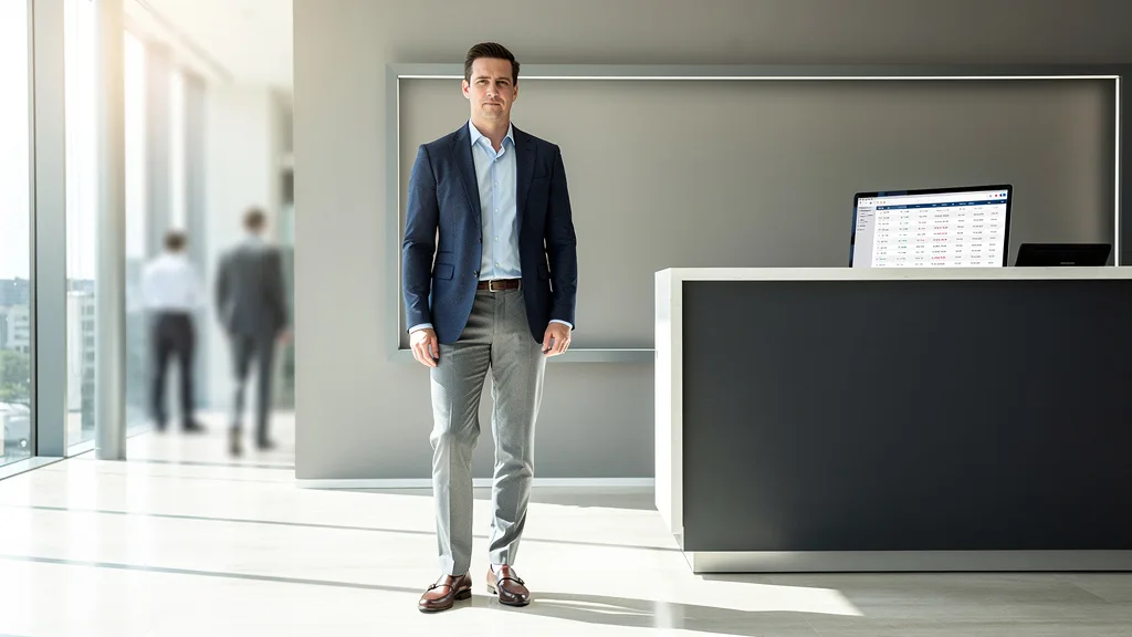 Man in a business casual outfit with grey chinos and a navy blazer.