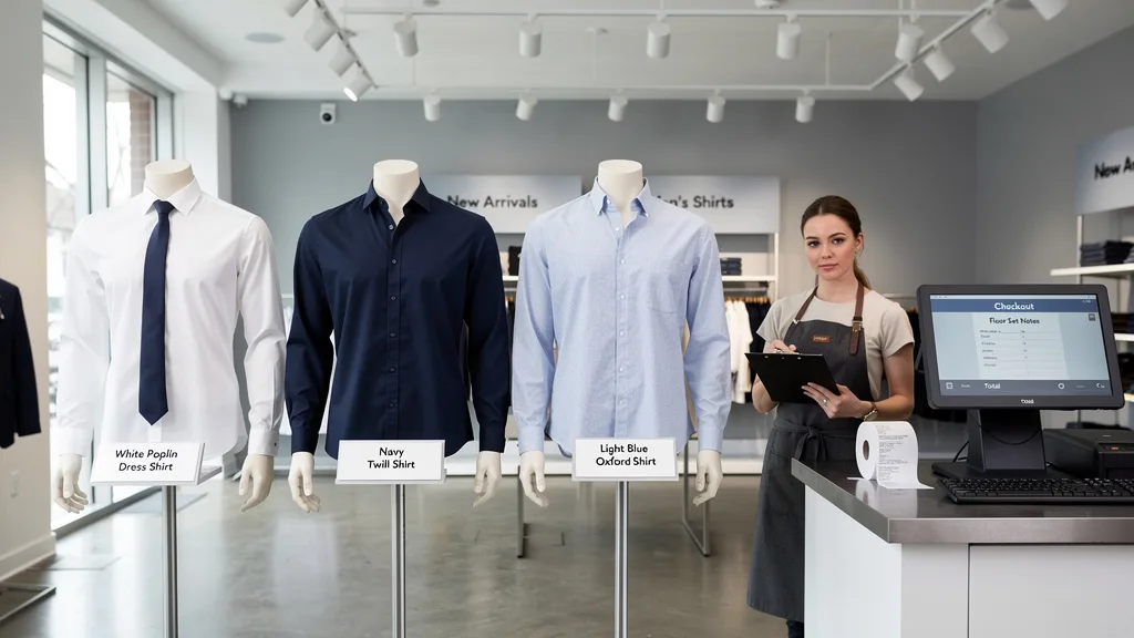 Three mannequins displaying the different formalities of poplin, twill, and oxford dress shirts.
