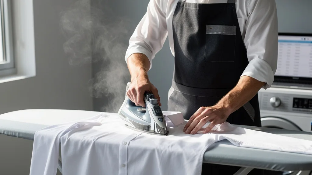 Click to manage / replace image A person carefully ironing a white dress shirt, highlighting the importance of proper garment care.