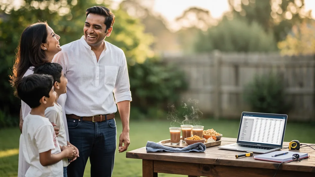Click to manage / replace image A man enjoying a casual family gathering in a comfortable white kurta and jeans.