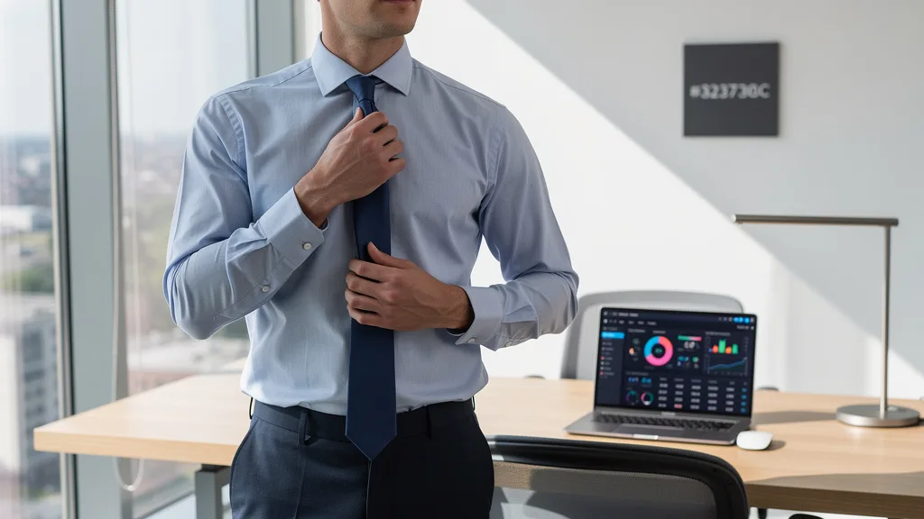 Click to manage / replace image A man in a modern office wearing a well-fitted blue formal shirt, demonstrating the garment