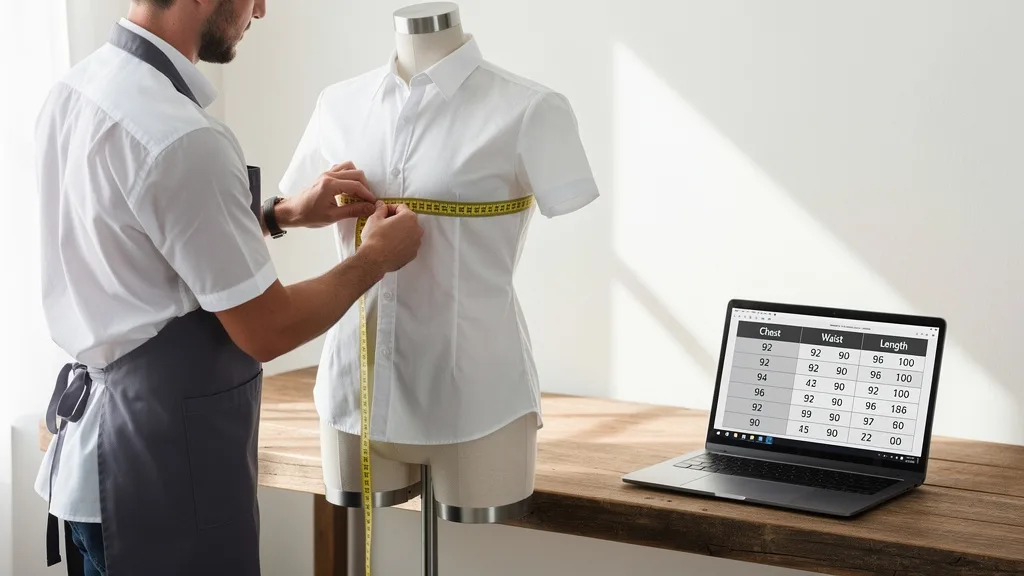 Click to manage / replace image A person taking chest measurements to compare against an online kurta sizing chart.