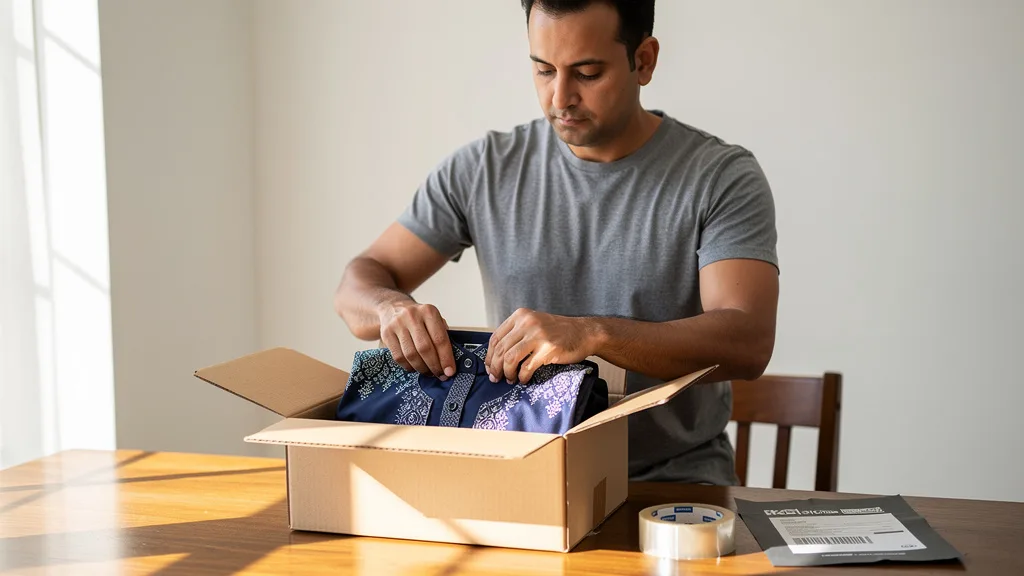 Click to manage / replace image Man preparing to return an online order by carefully packing a kurta into a box.